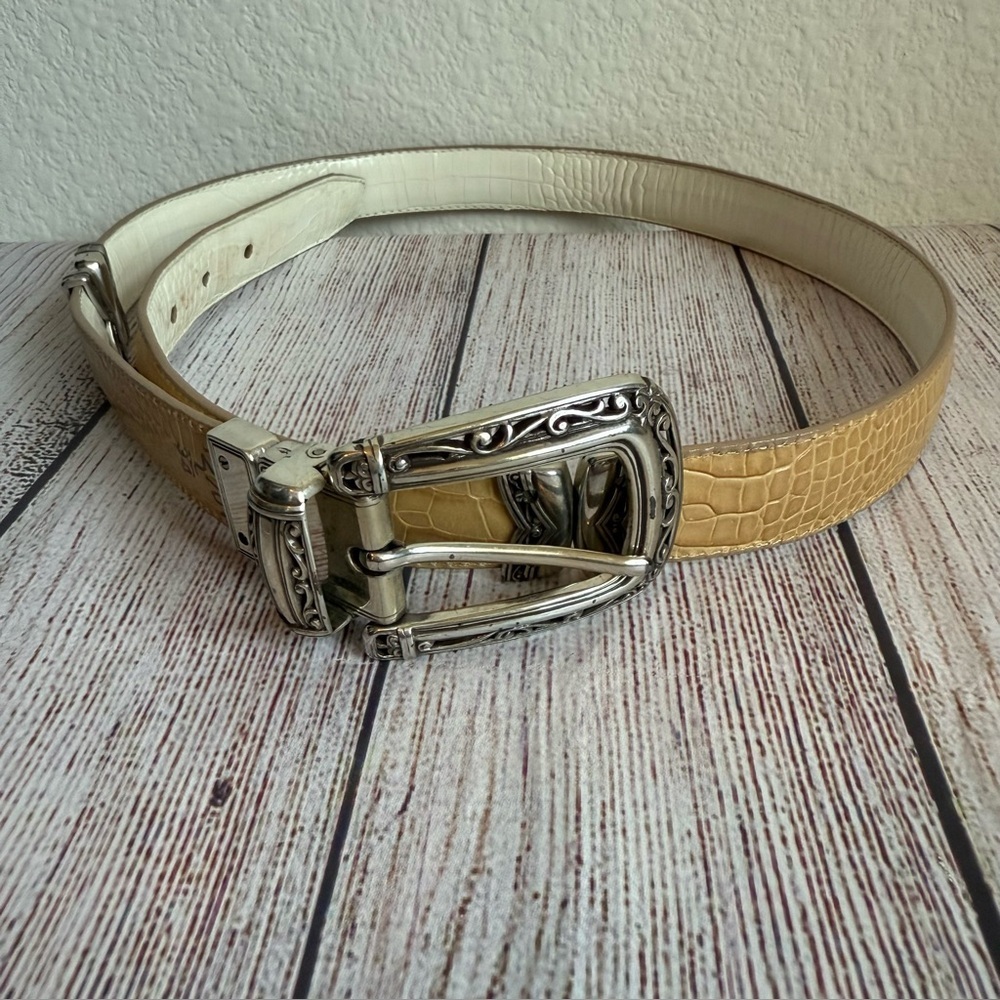 BRIGHTON Leather Tan & Cream Reversible Statement Belt Large